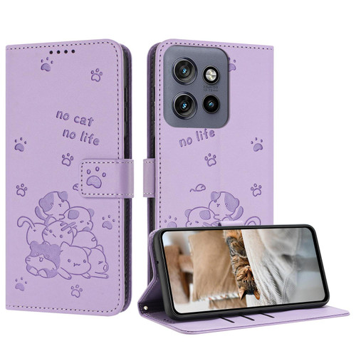 Moto G 2025 Embossed Kitten Phone Leather Case with Lanyard - Purple
